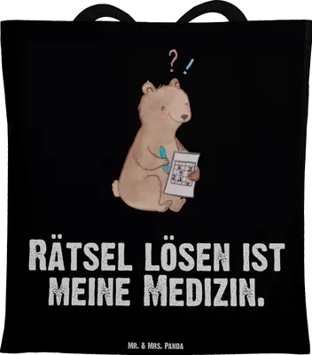 Produktbild von Mr. & Mrs. Panda Tote Bag Bär Rätsel lösen - Schwarz - Geschenk, Gedächtnistraining, Gedächtnissport, Einkaufstasche, Tasche, Beutel, Alltagstasche, Kreuzworträtsel