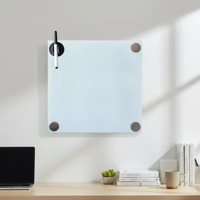 Zdjęcie produktu dla Mucola Whiteboard Magnetic Szklana tablica magnetyczna z 3 magnesami i pisakiem Tablica memo Tablica magnetyczna Tablica pinezkowa Tablica magnetyczna - 45x45cm Biała