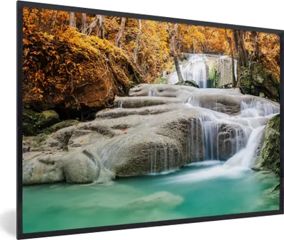 Produktbild von MuchoWow® Gerahmtes Poster Wald - Wasserfall - Herbst 90x60 cm - Poster mit Schwarzem Bilderrahmen Wandposter Rahmen Foto Bilder - Fotorahmen - Foto-Plakat
