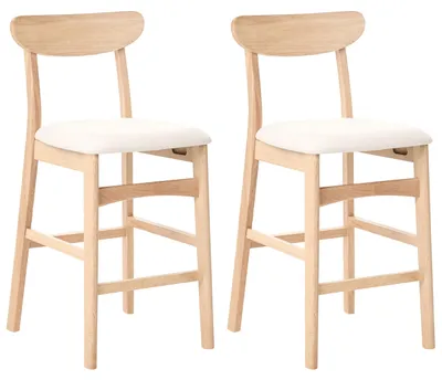 Produktbild von BELIANI Barstuhl 2er Set Hellbraun u. Hellbeige Gummibaumholz mit Polstersitz Fußstütze ohne Armlehnen Retro Stil Holzstuhl Stuhl für Esszimmer Küche