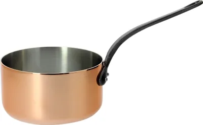 A copper saucepan with a black handle on a white background.