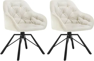 Two cream-colored swivel chairs with black metal legs are shown against a white background.