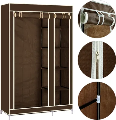 A collapsible fabric wardrobe with a brown exterior and white trim.