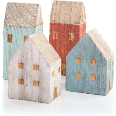 Produktbild von 4 kleine Häuschen aus Holz - Haus Figuren blau rot Natur