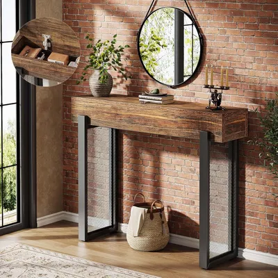 Produktbild von Tribesigns Konsolentisch mit Stauraum, 105 cm Eingangstisch im Industriestil aus Metallgeflecht, schmaler Sofatisch für Wohnzimmer, Flur, rustikal
