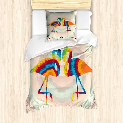 Produktbild von ABAKUHAUS Flamingo Bettbezug Set für Einzelbetten, Retro Valentinsgruß Vögel, Milbensicher Allergiker geeignet mit Kissenbezug, Mehrfarbig