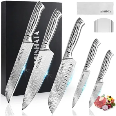 Productafbeelding van Kookmessen set, roestvrij staal, 5-delig, inclusief kookmes, Santoku-mes, universeel mes, broodmes en schilmes, met vingerbescherming en cadeauverpakking