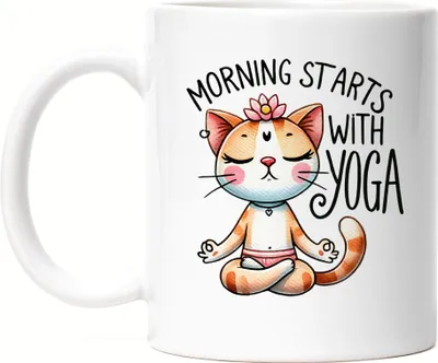 Produktbild von Morning Starts with Yoga Tasse Weiß Geschenkidee für Yoga-Fans und Katzenliebhaber