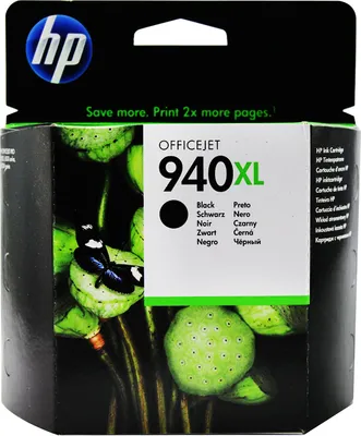 The image shows the packaging of an HP OfficeJet 940XL black ink cartridge.