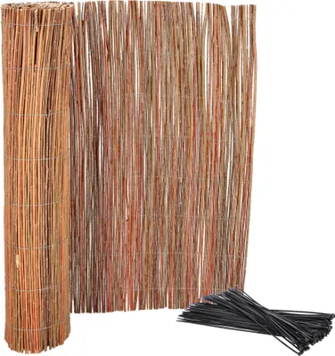 A rolled-up and unrolled willow mat fence with a bundle of black cable ties on a white background.