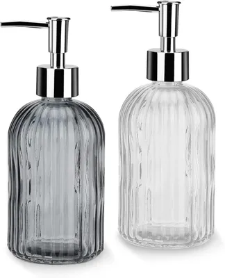 Produktbild von Stück Glas-Seifenspender mit Pumpe, weiß und grau, nachfüllbar, für Bad/Küche