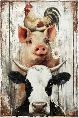 Productafbeelding van Wandbord Metaal Boerderij - Decoratief Tinnen Bordje 20x30 cm - Varken Koe en Kip - Retro