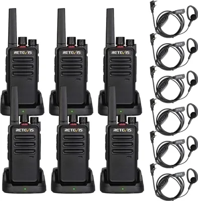 A set of six black Retevis RT668 walkie-talkies with charging docks and headsets, arranged in two rows on a white background.