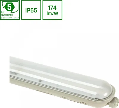 A close-up, angled view of a white and gray LED light fixture against a white background.