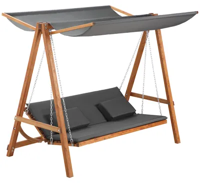 Produktbild von Gartenschaukel Bettfunktion, Hollywoodschaukel 3-Sitzer mit Liegefunktion, Lärchenholz, Grau | Sonnendach verstellbar | 240 kg | 225,5 x 130 x 180 cm