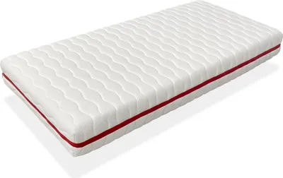 A white mattress with a red stripe along the side, shown from a slightly elevated angle against a white background.