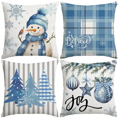 4 Kissenbezüge 40x40 cm, Weihnachten, Schneemann, Blau, Polyester