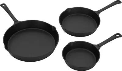 Produktbild von BBQ#BOSS 3-teiliges Gusseisen Brat- und Steak Pfannen Set, Ø 16/20/25 cm, Schwarz, Antihaftbeschichtetes Pfannenset mit Griff & Ausgießmulde, Bratpfanne Grillpfanne Steakpfanne Kochpfanne