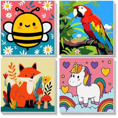 Produktbild von Malen nach Zahlen Set mit Rahmen - 4-teiliges Set mit Tiermotiven - DIY Acrylmalerei für Anfänger - 20x20 cm