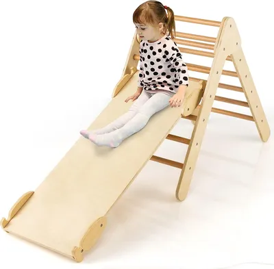 Produktbild von GOPLUS Dreieckige Kletterleiter mit Rampe, Kletterdreieck mit 2-in-1-Wenderampe, Klettergerüst für Kleinkinder zum Klettern und Rutschen, Kinderspielplatz (Natur)