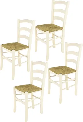 Produktbild von t m c s Tommychairs - 4er Set Stühle VENICE für Küche und Esszimmer, robuste Struktur aus lackiertem Buchenholz in Anilinfarbe Weiss und Sitzfläche aus Stroh