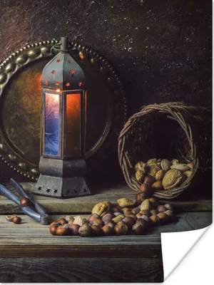 Produktbild von MuchoWow® Poster Buch - Stilleben - Walnuss - Laterne - Vintage 60x80 cm - Schlafzimmer Dekoration
