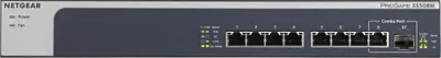 The front panel of a Netgear network switch.