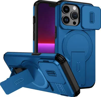 Produktbild von Magnetisch Hülle für iPhone 13 Pro, Dual Layer Stoßfest Handyhülle mit Dia Kameraschutz, Verstellbarem Ständer Blau