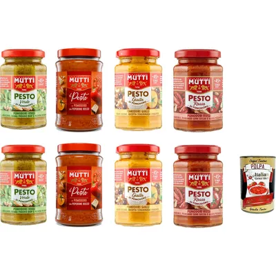 Produktbild von Mutti Tomaten Pesto Mix 8 x 180 g Verde Arancione Giallo Rosso italienische Pastasauce fürs Verfeinern von Pasta & Bruschetta + Italian Gourmet polpa