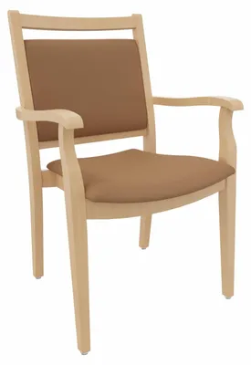 Produktbild von Pflegestuhl André mit Armlehnen – Ideal für Senioren im Altenheim oder Zuhause.Stoffbezug:Kunstleder Soft Camel,Bodengleiter:Kunststoff Weiss