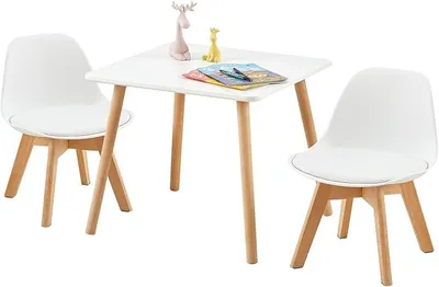 Imagen del producto de Mesa infantil con 2 sillas, madera de haya certificada para niños de 1 a 6 años, color blanco