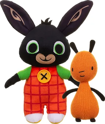 Two plush toys, a rabbit and a small orange creature, are shown against a white background.