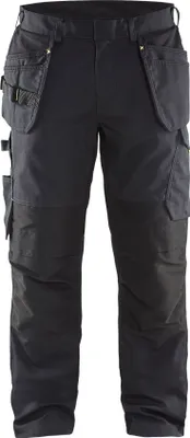 A pair of black work pants with multiple pockets.