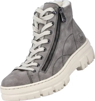 A single gray boot with a thick cream sole is shown against a white background.