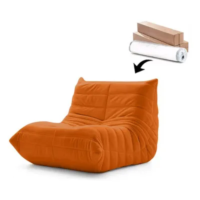 An orange beanbag chair is shown on a white background, with a rolled-up item and boxes in the upper right corner, and an arrow pointing from the rolled-up item to the chair.