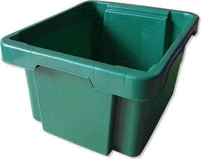 A green plastic storage box is shown against a white background.