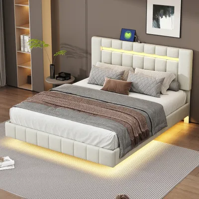 Produktbild von ProximaX Polsterbett 160 x 200 cm, gepolsterter Schwebebettrahmen mit LED-Leuchten und Kopfteildesign, flächiges Doppelbett-Gästebett in hautfreundlichem Leinen Beige