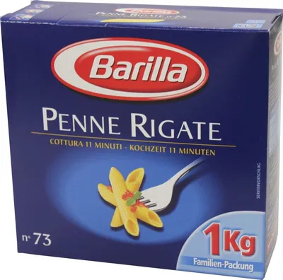 A box of Barilla Penne Rigate pasta.