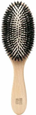 A hair brush with a wooden handle and black bristles.