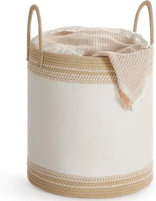 Productafbeelding van Wasmand 60 l - Opbergmand met trekkoord - Katoenen touw en stof - Met lange handvatten