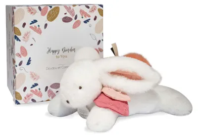 Image de Doudou Coffret cadeau - Lapin en peluche avec pompon rose foncé 25 cm