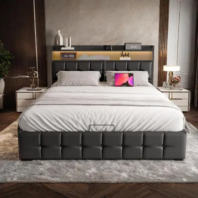 Immagine prodotto di Letto matrimoniale con contenitore, dimensioni 160x200 cm, dotato di illuminazione a LED, sistema idraulico di apertura e prese USB