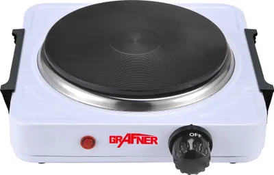 A white electric hot plate with a black heating element and a red power indicator light.