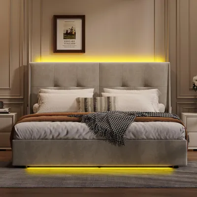 Produktbild von ProximaX Polsterbett 140x200cm mit Lattenrost, LED, Hydraulisches Boxspringbett mit Bettkasten und Stauraum, Samt Doppelbett Stauraumbett Funktionsbett, Beige