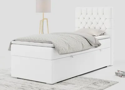 Produktbild von Einzelbett - Boxspringbett 90x200 mit Bettkasten und Matratzentopper - PERA 90 - rechts - Weiß - H3