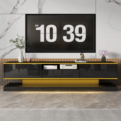 Productafbeelding van TV-meubel 180 cm, TV-tafel met 3 lades en een open vak, TV-tafel met kleurrijk LED-verlichting, hoogglans, zwart