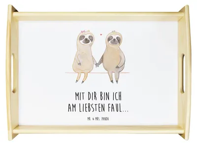 Produktbild von Mr. & Mrs. Panda Tablett Faultier Pärchen - Weiß - Geschenk, Liebe, Serviertablett, Gemeinsam, sofatablett, Deko, holz, Sofa