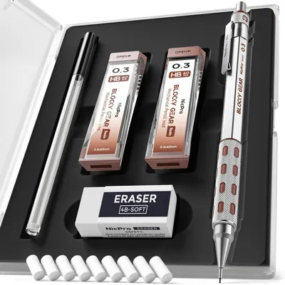 Produktbild von Druckbleistift Set 0,3 mm Metall Etui HB Minen Radiergummi für Kunst & Zeichnen