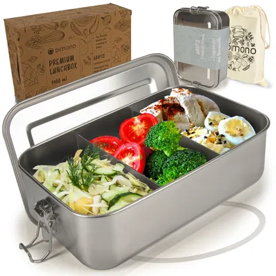 Produktbild von Dimono Premium Edelstahl Lunchbox 1400ml - Auslaufsichere Brotdose Bento-Box mit Fächern, Dichtung & faltbarem Löffel für Alltag