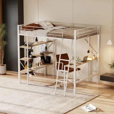 Produktbild von STILVORA Hochbett 90x200 cm,Jugendbett Kinderbett Metallbett mit Schreibtisch und 3 großen Regalen, klassisches Design,Weiß (mit Matratze)